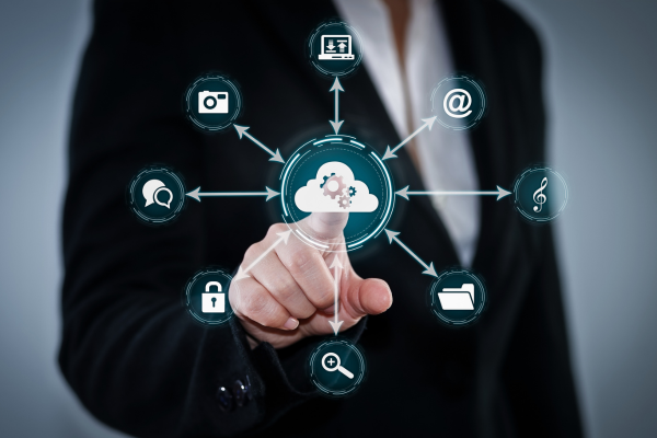 Strategic Vision: A man points to the cloud, connecting all internet parameters - exemplifying the essence of cloud business intelligence