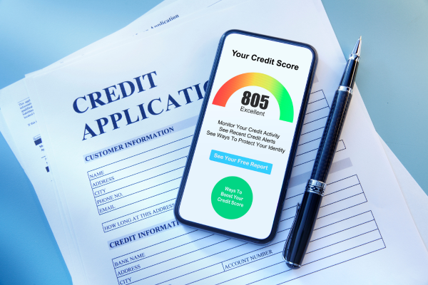 A mobile device showcasing a stellar credit score is placed on a credit application, highlighting the importance of credit evaluation.